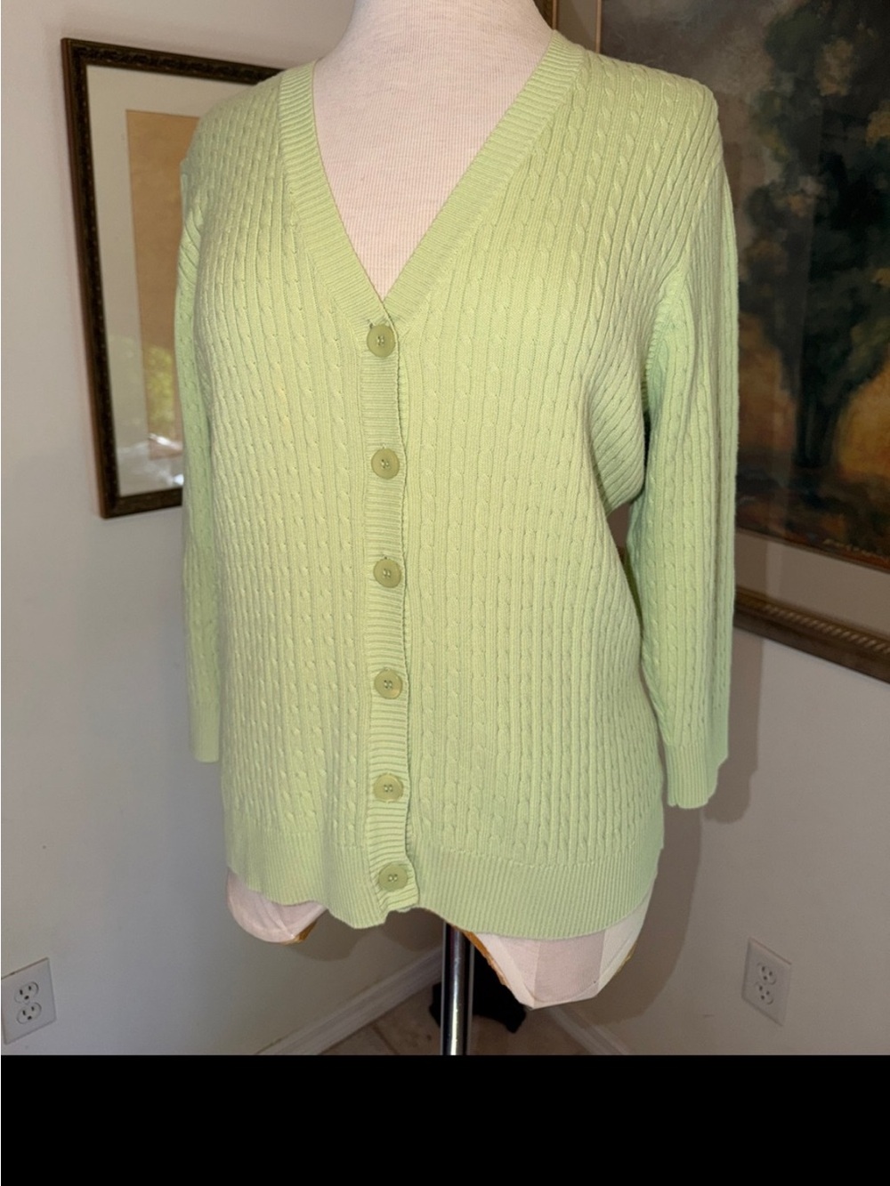 SWEATER- Jeanne Pierre Women's Textured V-Neck Cardigan - Light Green Size XL